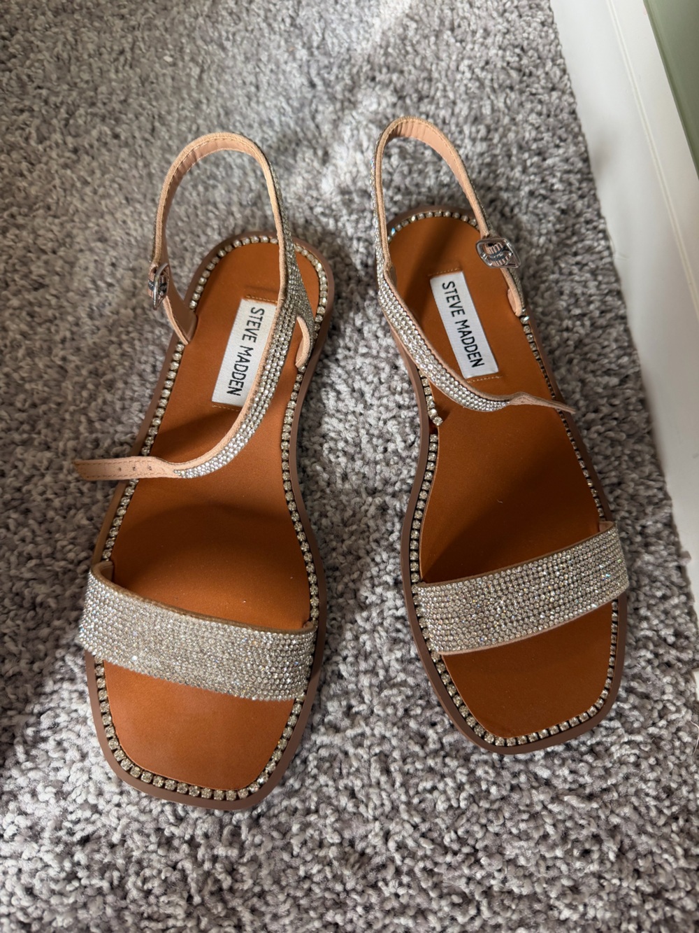 Steve Madden Sparkling Tan & Silver Crystal Strap Sandals